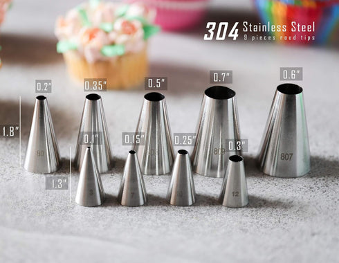 Round Piping Tip Set – 9 Stainless Steel Pastry Tips in Graduated Sizes with 20 Disposable Decorating Bags for Cupcakes, Cakes, Cookies, and Frost...