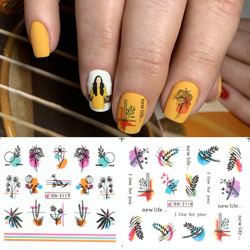 24 Sheets Summer Flowers Nail Art Stickers, Holographic Flower Leaf Nail Water Transfer Decals Designs, Floral Leaves Nail Art Sticker Supplies fo...