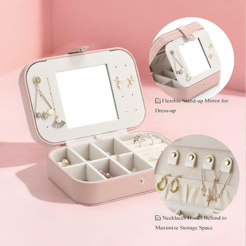 Vlando Small Travel Jewelry Box Organizer - Faux Leather Display Storage Case for Necklaces Earrings Rings, Woven Pink...