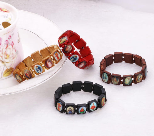 4pcs Wooden Jesus Virgin Mary Bracelet Saints Rosary, Stretchable Wooden Small Panel Bracelet, with Images of Religious Saints Jesus Gift for Men ...