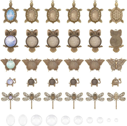 PH PandaHall 60pcs Pendant Trays Kit 30pcs 5 Styles Bronze Blank Pendant Owl Turtle Pendant Bezel, 30pcs Clear Glass Cabochon Dome Settings for DI...