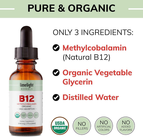 Organic Vitamin B12 Sublingual Drops, Extra Strength 5000 mcg Methylcobalamin, No Additives, Vegan Liquid B12 – Supports Energy Production, Nervou...