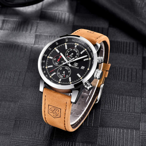 BENYAR - Stylish Wrist Watch for Men, Genuine Leather Strap Watches, Perfect Quartz Movement, Waterproof and Scratch Resistant, Analog Chronograph...