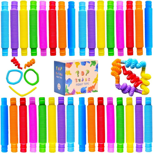 32Pack Pop Tubes, Fidget Tubes for Children and Adult Sensory Fidget Toy Set for Stress and Anxiety Relief Educational Learning Toys for Kids...
