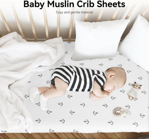 Synrroe Fitted Muslin Crib Sheets, Stretchy Crib Bed Sheets for Babies Boys, Super Soft and Comfortable 100% Cotton Bed Sheets Double Layers (Anch...