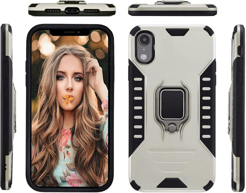 MODOS LOGICOS Case for iPhone XR, Dual Layers Shockproof Protective Case with Built-in 360 Metal Rotating Ring Kickstand, Working with Any Magneti...