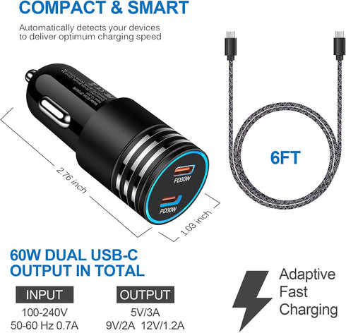 USB C Car Charger, 60W 2-Port PD Super Fast Car Charging Adapter+6FT Type C to C Cable for iPhone 15/15 Pro/15 Pro Max/15 Plus,Samsung Galaxy S24/...
