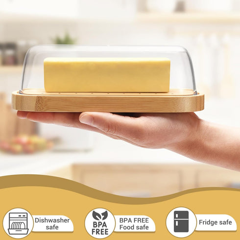 Butter Dish with Lid, Bamboo Butter Holder, Butter Container Holds for East/West Coast Butter, Dishwasher Safe...
