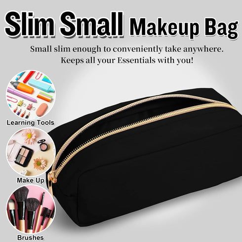 Nylon Small Makeup Bag Slim Pouch, Preppy Cute Makeup Brush Bag Black Makeup Bag Cosmetic Zipper Pouch for Purse, Waterproof Travel Toiletry Bag C...