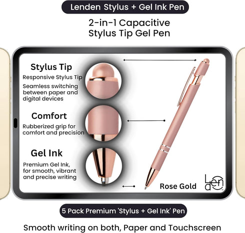 Pack of 5 Rubberized Comfort Soft Touch 2 in 1 Gel Ink Pen Capacitive Stylus Tip, Premium Metal Medium Point, Black Ink, Compatible with Most Touc...