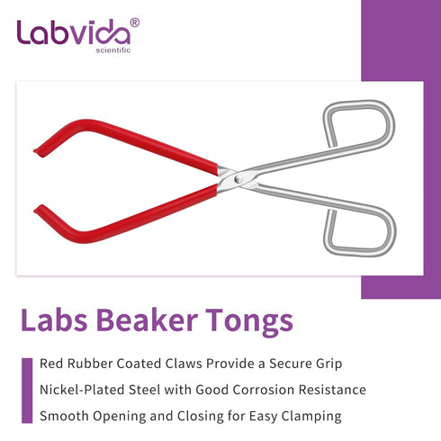 Labs Beaker Tongs, Red Rubber Coated Ends, Nickel Plated 1/4" Steel, for 50mL - 2000mL Capacity Beaker, Durable Beaker Clip Pliers Tool Used in La...