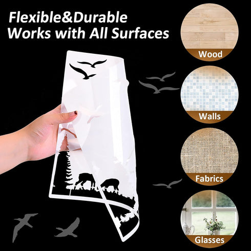 9 Piece Forest Deer Wolf Mountain Stencils Moon Bamboo Pattern Animal Flower Reusable Templates Forest Theme DIY Stencils with Metal Open Ring for...