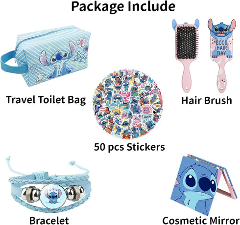 Blue Travel Cosmetic Makeup Bag Sets Include Double Sided Cosmetic Mirror, Hair Brush, PU Travel Toilet Bag, Woven Braclece and 50 Stickers, Makeu...