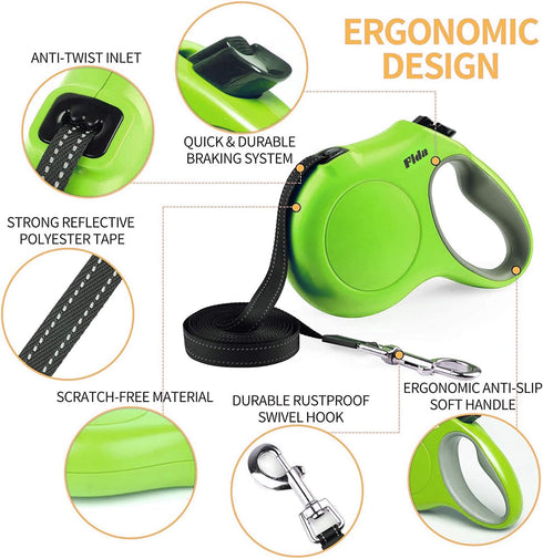 Fida Retractable Dog Leash, 16ft Heavy Duty Pet Walking Leash for Medium Dog or Cat up to 44 lbs, Tangle Free. One-Hand Brake (Medium, Green)...