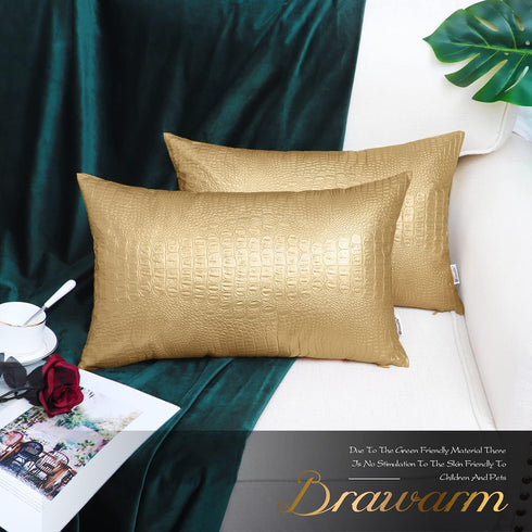 BRAWARM Faux Leather Pillow Covers 12 X 20 Inches, Gold Leather Pillow Covers Pack of 2, Crocodile Leather Decorative Lumbar Throw Pillows for Liv...