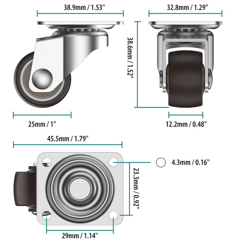 1 inch Small Caster Wheels for Furniture Low Profile Casters Set of 4 Total Capacity 90 Lbs Perfect Wheels for Small Project?Nightstand?Side Table...