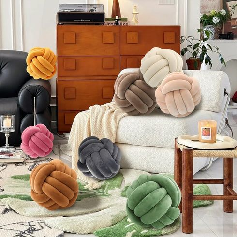 Ivory Knot Pillow Ball, Handmade Decorative Throw Pillow, Soft Round Knotted Cushion for Couch & Bedroom, Cute Home Decor, Braided Pillow for Livi...