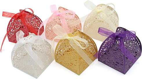 KPOSIYA Pack of 100 Laser Cut Rose Candy Boxes, Favor Boxes 2.5"x 2.5"x 3.1", Gift Boxes Bridal Shower Anniverary Birthday Party Wedding Favor (10...