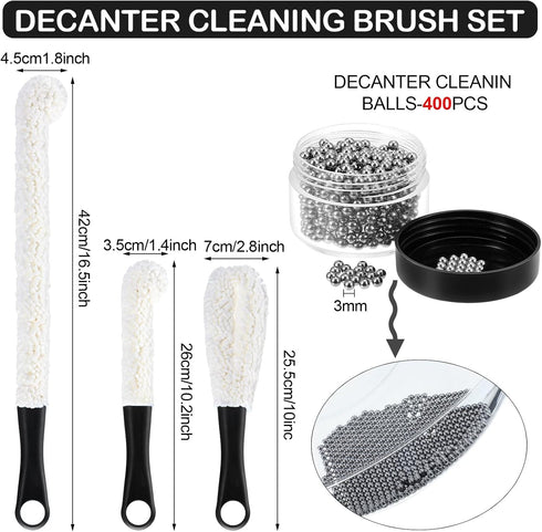3 Pieces Decanter Cleaning Brush Flexible Bottle Scourer and 400 Pieces Reusable Decanter Cleaning Beads Household Cleaning Tools for Wine Decante...