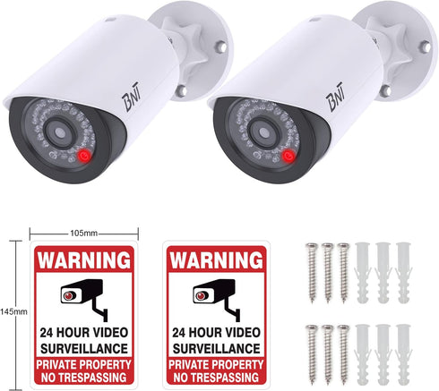 BNT Dummy Fake Security Camera, with One Red LED Light at Night, for Home and Businesses Security Indoor/Outdoor (2 Pack, White)...
