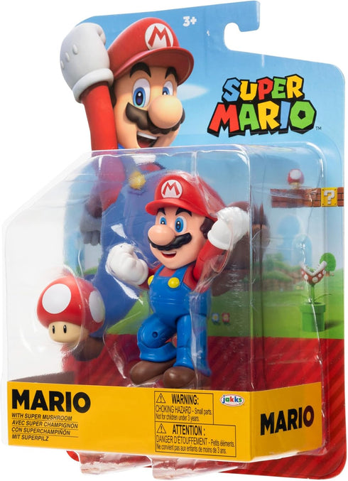 Super Mario Nintendo 4-Inch Mario Poseable Figure with Power up Mushroom Accessory. Ages 3+ (Officially licensed)...