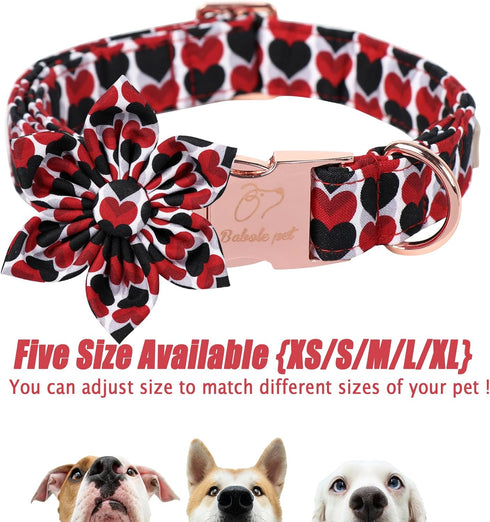 Valentine Dog Collar for Large Dog with Flower Tie, Red&Black Love Heart Male Dog Collar with Safety Metal Buckle Adjustable Puppy Collars for Sma...