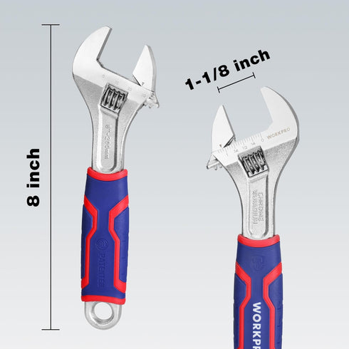 WORKPRO 8-inch Adjustable Wrench, Wide Jaw Opening Wrench with Rubber Anti-slip grip, Metric/SAE Scales, Premium Cr-V Steel, Chrome Plated...