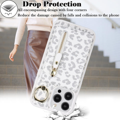 iPhone 15 pro case with Card Holder, iPhone 15 pro Phone Case Wallet for Women magsafe Compatible Wallet Detachable 2-in-1 for Men-White Leopard.....