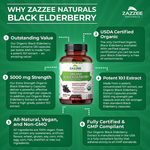Zazzee USDA Organic Black Elderberry 10:1 Extract, 5000 mg Strength, 120 Vegan Capsules, 2 Month Supply, Standardized, Concentrated 10X Extract, 1...