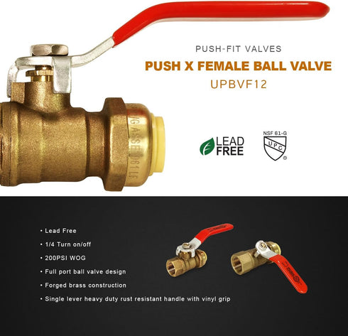 Everflow Supplies Pushlock UPBVF12 1/2 Inch Push X Female Ball Valve for Push-Fit Valve, Full Port Ball Valve Design w/Single Lever Heavy Duty Rus...