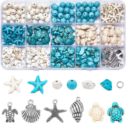 SUNNYCLUE 1 Box 217Pcs Turtle Beads Starfish Beads Boho Sea Turtle Bead Starfish Bead Bulk Shell Charm Summer Hawaii Ocean Turtle Charms Turquoise...