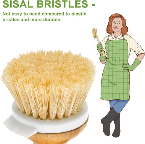 SUBEKYU Bamboo Dish Brush, Kitchen Dish Scrubber Brush, Natural Wooden Dishwashing Brush for Cleaning Dishes/Pans/Pots, Built-in Scraper, Sisal Br...