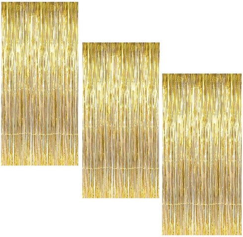 Gold Fringe Backdrop, 3 Pack Gold Foil Curtains, Party Streamers for Birthday, Wedding, Bachelorette Party Decor, Disco Party Decor...