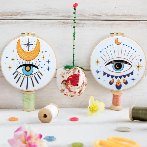 5 Pcs Evil Eye Embroidery Starters Set for Beginners Stamped Cross Stitching Kits for Adults, 5 Embroidery Cloth with Patterns, Hoop, Needles, Thr...