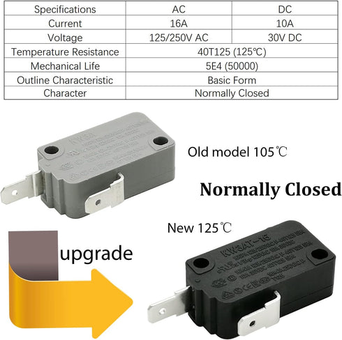 Microwave Oven Door Switch Replacement Part, 16A 125VAC, KW3AT-16 (Downward Compatible with KW3A-16), 2X Normally Open + 1x Normally Closed...
