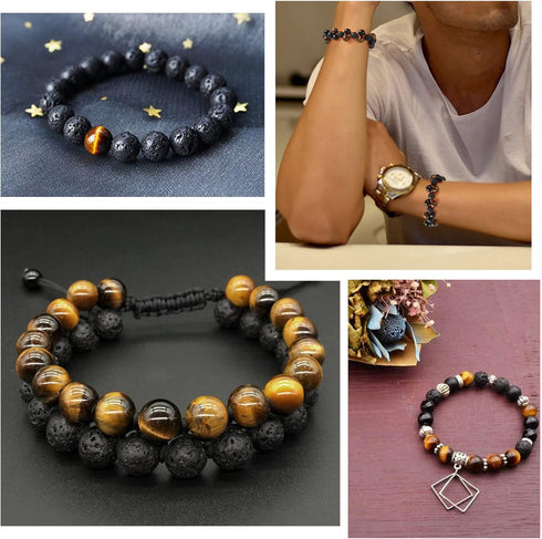FASHEWELRY Mala Yoga Men Bracelet Making Kit - 220pcs Natural Gemstone Lava Rock Tiger Eye Beads Healing Crystal Chakra Stone Beads with Black Nyl...