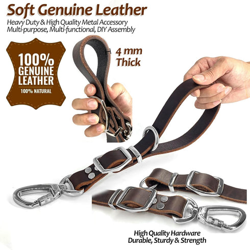 Leather Short Dog Leash,Adjustable Length Dog Leads,Extra Thick Genuine and Heavy-Duty Hardware Handmade Assembled with Extension Function Strong ...