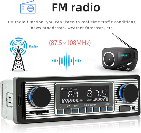 Classic Single Din Car Radio with Car Bluetooth,Car Stereo FM Radio,Hands-Free Calling,USB/SD/AUX Port,Car Mp3 Player,Voice Control,Remote Control...