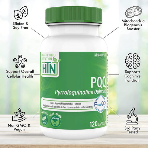 Health Thru Nutrition PQQ 20mg 120 Servings Pyrroloquinoline Quinone as PureQQ | Promotes Mitochondrial Biogenesis | Certified Vegan | Non-GMO Glu...