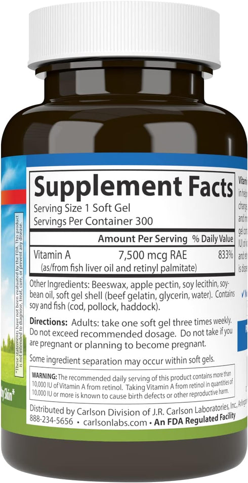 Carlson - Vitamin A, 25000 IU (7500 mcg RAE) with Pectin, Vision Health, Helps Night Vision, Skin Health, 300 Softgels...
