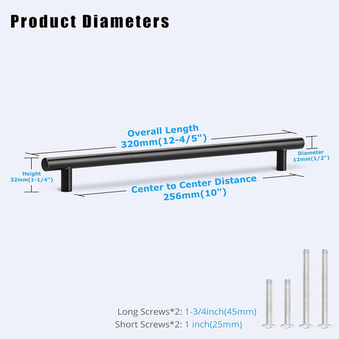 KNOBWELL 6 Pack 10" Black Cabinet Handles Euro Style Stainless Steel Modern Long Kitchen Cabinet Door Pulls, Overall Length 12-3/5"...