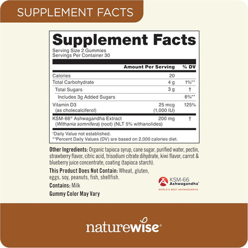 NatureWise Ashwagandha Gummies - Strawberry Kiwi - KSM-66 Ashwagandha with Vitamin D3 - Calming Support - Vegetarian Gummies - Non-GMO, Gelatin Fr...