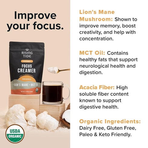 Rising Tide Organic Mushroom Superfood Creamer – Coconut Milk Powder, Lions Mane Mushrooms, MCT Oil - Non Dairy Cream Alternative for Coffee - Pla...