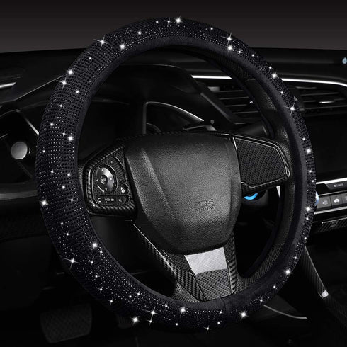 Women Fashion Black Velvet Bling Steering Wheel Cover with Black Diamonds, 15 inch Standard Glitter Rhinestone Car Wheel Cover Sparkling, Full Cov...