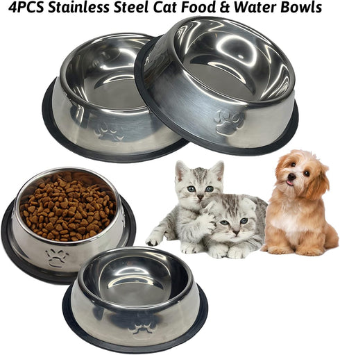Fhiny 4Pcs Stainless Steel Dog Cat Bowl with Rubber Base Pet Food and Water Feeder Bowls Stackable Non-Slip Dish Plate for Small Medium Animals Pu...