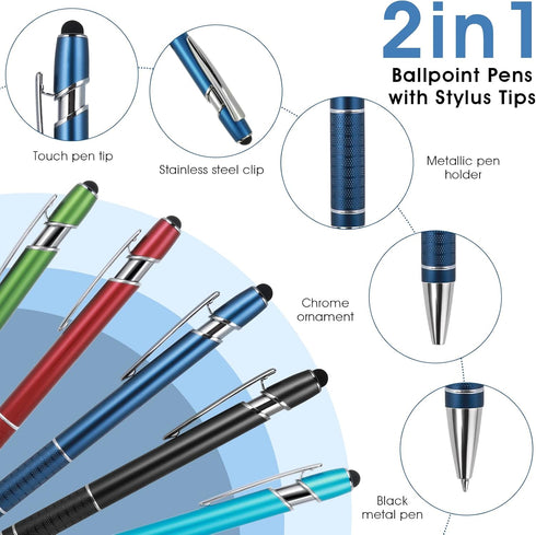 5 Pieces Ballpoint Pen with Stylus Tip, 2 in 1 Stylus Pens Stylish Pen, 0.5 mm Black Ink Retractable Ballpoint Pen, Metal Stylus Pen for Touch Scr...