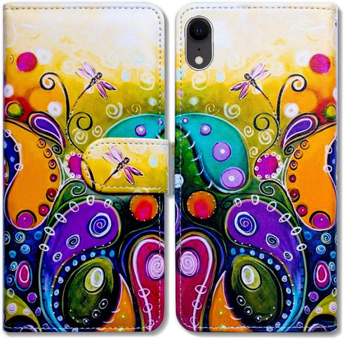 Case for iPhone XR, Colorful Dragonfly Leather Flip Wallet Case Cover with Card Slot Holder Kickstand for Bcov Case for iPhone XR...