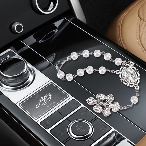 White Pearl Rosary for Car,Pardon Crucifix One Decade Rosary,Medalla Milagrosa Small Car Rosary for Rearview Mirror,Pocket Rosary Crucifijo Cruz D...