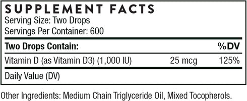 THORNE Vitamin D Liquid - Vitamin D Supplement - Supports Healthy Bones and Muscles, Cardiovascular Health, and Immune Function* - 1 Fl Oz (30 ml)...