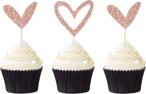 24 PCS Rose Gold Glitter Heart Cupcake Toppers Cute Design Love Cupcake Toppers for Wedding Bridal Anniversary Baby Shower Party Decorations Suppl...